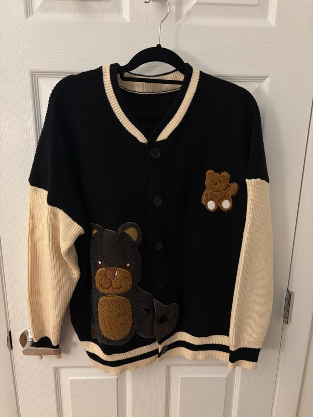 Black & Cream Teddy Appliqué Men's Cardigan Sweater